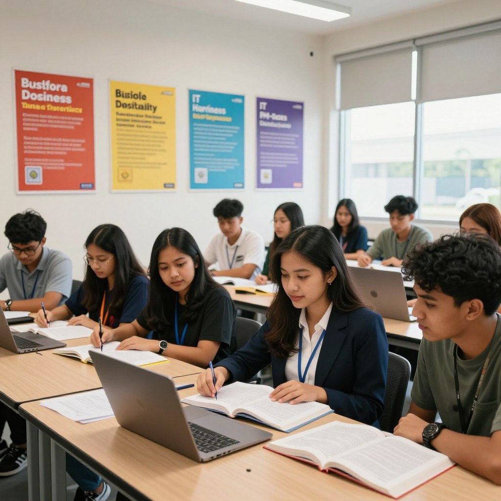 A vibrant, engaging scene depicts a diverse group of young adults studying together in a modern classroom environment at Stamford College, showcasing various diploma courses for SPM 3 credits holders. In the foreground, a young woman in professional business attire discusses with her peers over open textbooks and a laptop, highlighting collaboration and enthusiasm for learning. The middle ground features colorful posters of diploma courses on the walls, such as Business, IT, and Hospitality, creating an academic atmosphere. The background shows large windows allowing natural light to flood the room, enhancing the warm and motivating mood. The composition includes soft lighting to create an inviting feel, shot with a slight wide-angle lens to capture the dynamic surroundings. The image should embody the spirit of exploration and growth associated with Enerjee Tutor Service.