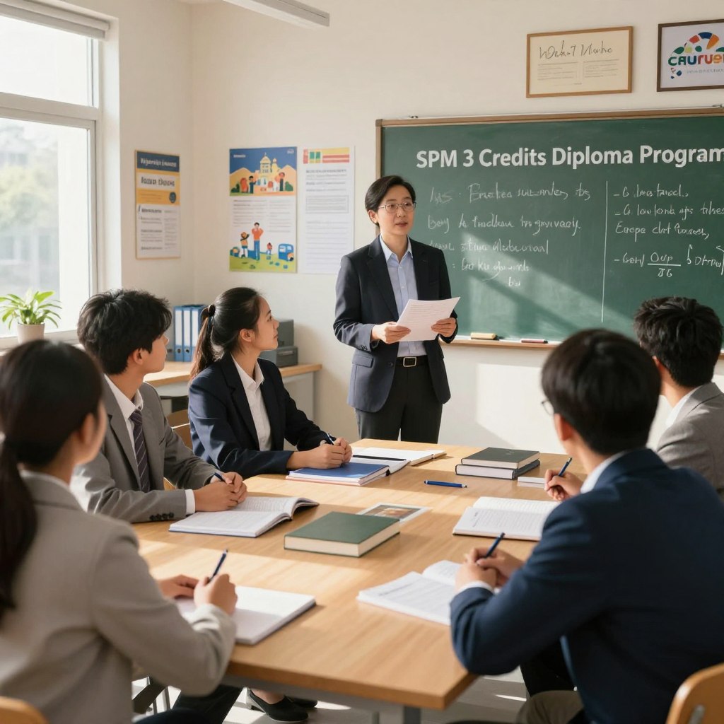 A visually engaging scene portraying the concept of "SPM 3 Credits Diploma Programs" in an academic setting. In the foreground, a diverse group of students, clad in professional business attire, are interacting with an experienced tutor from Enerjee Tutor Service, who is explaining concepts from a diploma program. In the middle, a wooden table is adorned with textbooks, notebooks, and pens, showcasing an organized study environment. The background features a well-lit classroom with inspiring educational posters and a large chalkboard filled with academic notes. Natural sunlight streams through large windows, creating a warm, inviting atmosphere that encourages learning and success. The overall mood is focused and motivational, capturing the essence of academic preparation for students aiming for their diploma achievements.