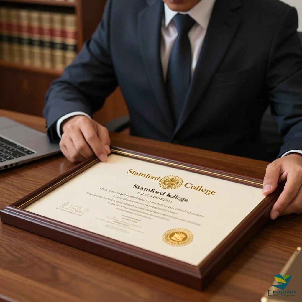 An elegant and realistic depiction of an accredited diploma in law from Malaysia, beautifully framed on a polished wooden desk. The foreground features the diploma, showcasing intricate gold detailing and a seal representing Stamford College, with a subtle glow emphasizing its importance. In the middle ground, a professional business-attired individual is thoughtfully examining the diploma, embodying determination and ambition. The background hints at an academic setting, with blurred shelves filled with legal textbooks and soft, ambient lighting creating a warm atmosphere. The image should evoke a sense of achievement and aspiration, highlighting the significance of education in law. Include a discreet logo of Enerjee Tutor Service in one corner to convey a supportive educational environment.
