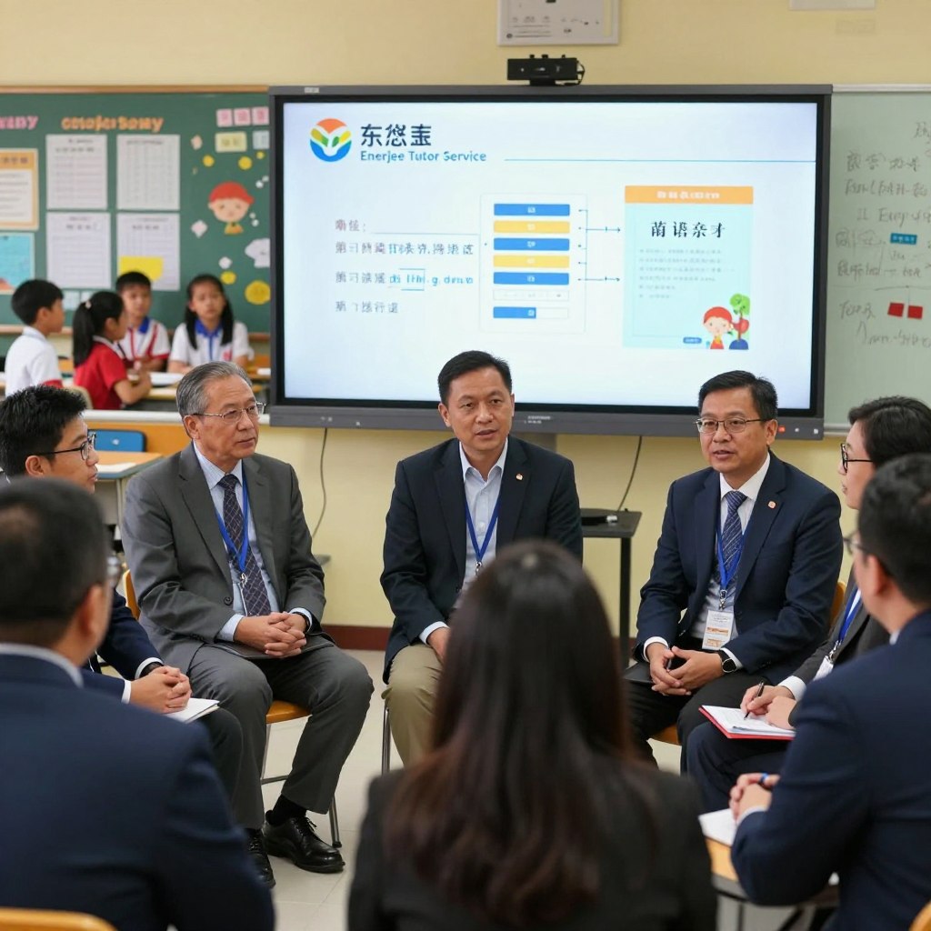 A scene depicting a gathering of educational leaders focused on the theme of Mandarin language education in Malaysia. In the foreground, a diverse group of professionals in business attire, including teachers and administrators, are engaged in a spirited discussion, with a focus on a prominent figure representing Dongzong, showcasing pride and determination. The middle ground features a large screen displaying the logo of "Enerjee Tutor Service" alongside educational materials relevant to the Dongzong curriculum. The background reveals a vibrant classroom filled with students learning, symbolizing the legacy of Mandarin education. The atmosphere is one of collaboration and dedication, with warm lighting that highlights the faces of the participants, suggesting hope and commitment to equitable education.