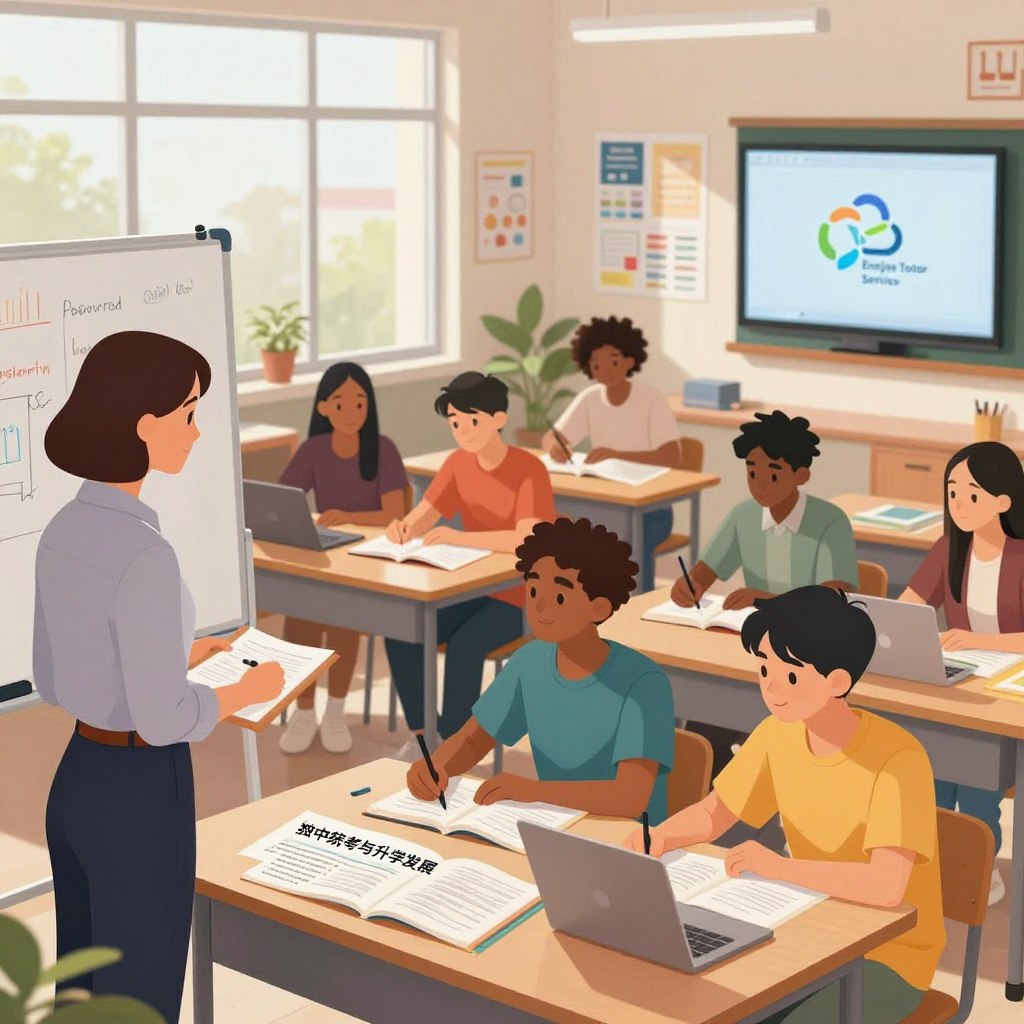A vibrant and engaging illustration featuring a diverse group of students in a modern classroom setting, focused on their studies and engaged in collaborative learning. In the foreground, a teacher in professional attire stands by a whiteboard, guiding students who are working on academic materials related to the "独中统考与升学发展" theme. The middle ground showcases students of various ethnicities, absorbed in study materials, including textbooks and laptops, with the logo of "Enerjee Tutor Service" subtly displayed on a nearby screen. The background features a bright, tech-friendly classroom filled with educational posters and resources. Soft, natural lighting filters in through large windows, creating an inviting, focused atmosphere that emphasizes the importance of education and collaboration.