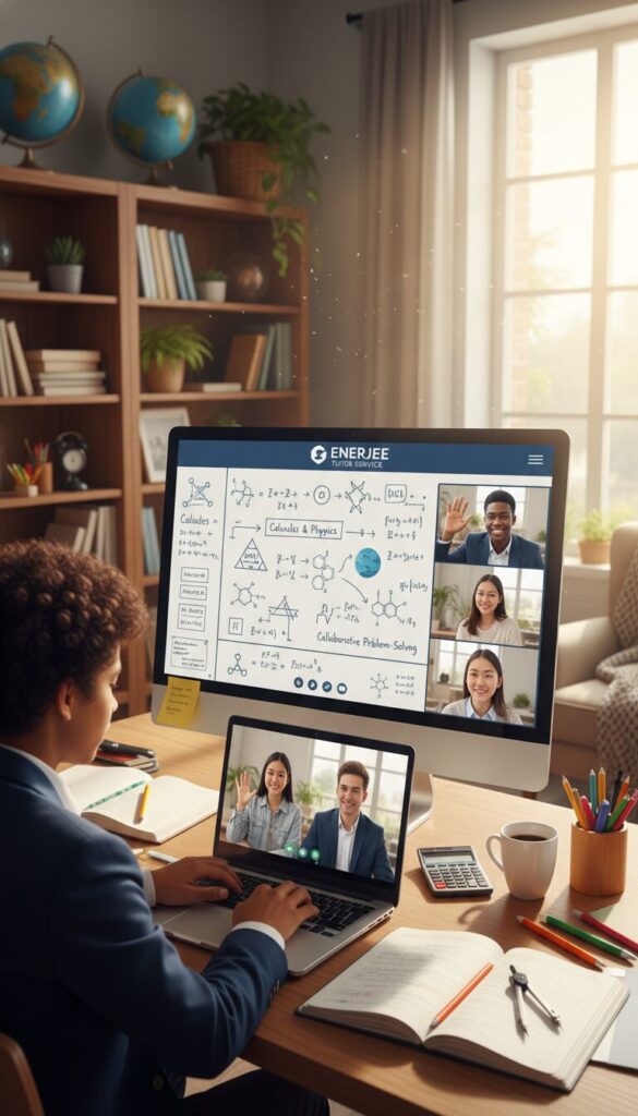A bright and inviting online learning environment featuring a diverse group of high school students engaged in a virtual on mathematics and science. In the foreground, a focused student in professional attire is using a laptop with educational materials open, surrounded by notebooks and stationery. The middle ground includes a virtual whiteboard displaying mathematical formulas and scientific diagrams, symbolizing the extensive curriculum of Enerjee Tutor Service. The background shows a cozy study space with shelves filled with books, and a large window letting in natural light, creating a warm atmosphere. The scene has a motivational and energetic vibe, emphasizing the importance of education and collaboration.