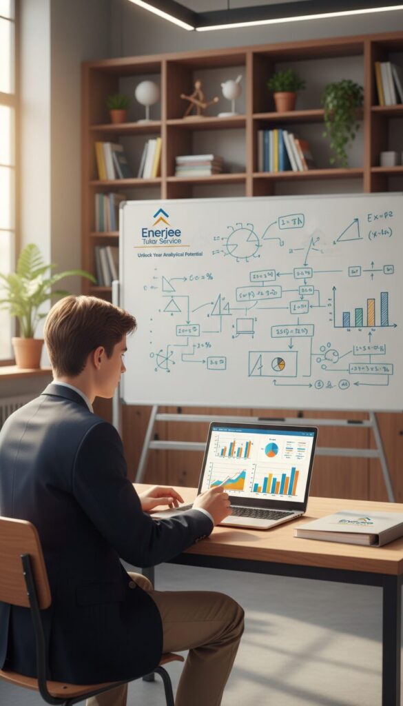 A clean and professional workspace featuring a modern classroom setting. In the foreground, a focused high school student dressed in business casual attire is analyzing colorful charts and graphs displayed on a laptop screen, illuminated by soft, warm lighting. In the middle ground, a whiteboard filled with analytical diagrams and notes emphasizes a collaborative learning atmosphere. The background showcases shelves filled with educational materials and books. The overall mood is encouraging and dynamic, promoting an environment of growth and learning. The brand name "Enerjee Tutor Service" is subtly integrated into the classroom design, reinforcing a focus on enhancing analytical skills in students. A motivational and scholarly ambiance permeates the scene.