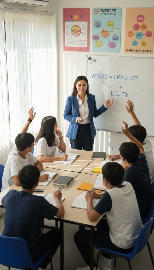 A dedicated and passionate teacher is standing in a well-lit classroom, engaging a small group of attentive Malaysian high school students. The teacher, an Asian female in professional attire, uses a whiteboard to illustrate bookkeeping concepts, showcasing her expertise and warmth. The students, diverse in appearance, are closely interacting, taking notes, and raising their hands. The classroom is decorated with educational posters and has large windows allowing natural light to illuminate the space, creating a welcoming atmosphere. The image captures a sense of collaboration and focus, highlighting the unique teaching philosophy of Enerjee Tutor Service and the advantages of small sizes. The angle is a slightly elevated view, promoting a sense of community and engagement among the teacher and students.