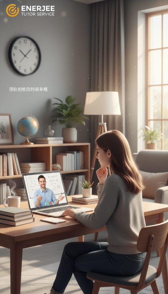A modern and inviting online tutoring environment representing "Enerjee Tutor Service," featuring a cozy workspace with a computer and books. In the foreground, a focused student, dressed in smart casual attire, engages in an online session, absorbing knowledge with a thoughtful expression. In the middle ground, a friendly and professional tutor appears on the screen, providing guidance with animated gestures. The background showcases elements of learning—shelves filled with books, education-related materials, and a wall clock indicating flexible study hours. Soft, natural lighting pours in through a nearby window, creating a warm atmosphere. The overall mood is one of motivation and engagement, emphasizing the concept of "灵活的补习时间安排" with a seamless blend of professionalism and approachability.