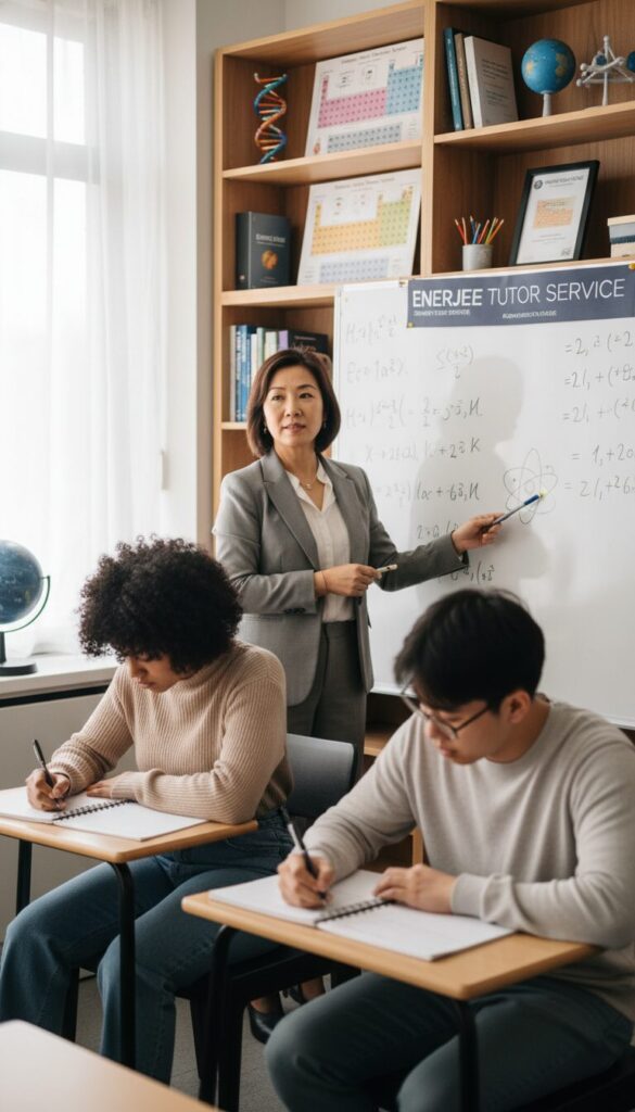 A serene and inspiring classroom scene depicting a professional tutor, Ms. Wun, guiding her students in mathematics and science. In the foreground, Ms. Wun, a middle-aged Asian woman in professional attire, stands at a whiteboard filled with mathematical equations and scientific diagrams. In the middle ground, two attentive students engage with the material, one female and one male, both dressed in modest casual clothing, focused on their notebooks. The background features shelves filled with educational posters, books, and scientific models, creating an atmosphere of learning. Soft, natural light filters through a window, enhancing the warm and encouraging mood of the scene. The brand name "Enerjee Tutor Service" is subtly incorporated in the décor, further emphasizing the dedicated tutoring environment.