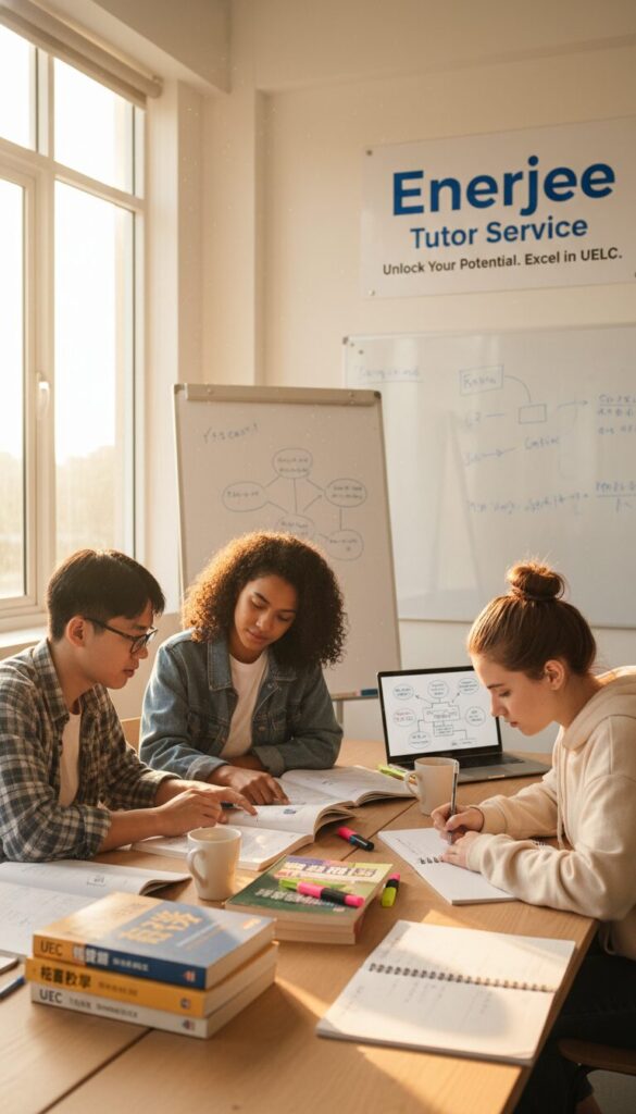 A serene study environment focused on high school exam preparation for the "统考" (Unified Examination). The foreground features a diverse group of three students, two of them engaged in discussion while one takes notes, all dressed in smart casual clothing, conveying focus and determination. The middle layer showcases a table filled with study materials, including notebooks, textbooks, and a laptop, emphasizing an organized yet dynamic workspace. In the background, a large window allows warm sunlight to flood the room, creating a bright and uplifting atmosphere. On the wall, a motivational poster reads "Enerjee Tutor Service," reinforcing the supportive educational environment. The image captures a sense of teamwork, ambition, and a dedicated study space, conveying the core advantages of effective tutoring for "UELC" preparation.