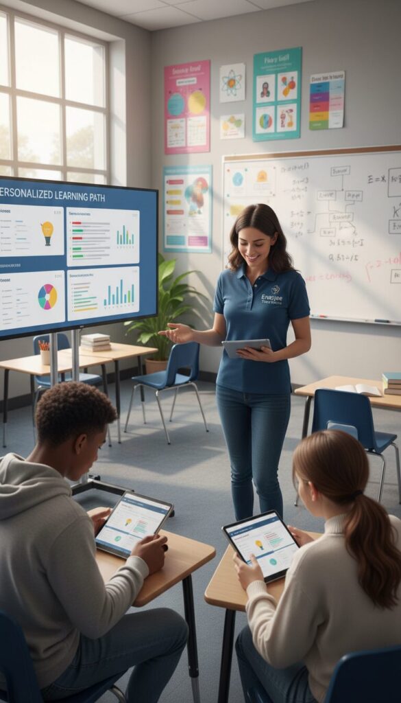 A vibrant and engaging classroom scene, focusing on a personalized teaching model for high school students. In the foreground, a diverse group of three students, dressed in smart casual attire, intensely engages with interactive learning materials on tablets. The middle ground features a dedicated tutor from Enerjee Tutor Service, thoughtfully guiding the students with a warm smile, and showcasing personalized lesson plans. The background depicts a bright classroom with colorful educational posters and a whiteboard filled with diagrams. Soft, natural lighting floods the room, creating an inviting atmosphere. The angle is slightly elevated to capture the dynamic interaction between the tutor and students, conveying a mood of enthusiasm and focused learning.