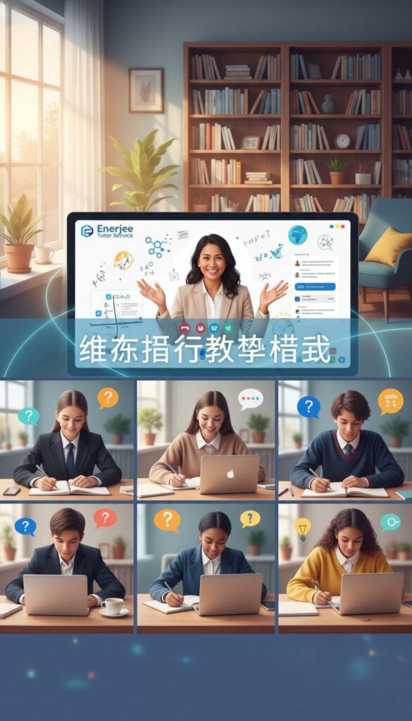 A vibrant online teaching scene illustrating the concept of "线上互动教学模式" for "Enerjee Tutor Service." In the foreground, a diverse group of engaged high school students in professional attire, attentively participating in a virtual classroom, with laptops open and notebooks in hand. The middle layer showcases a friendly, knowledgeable tutor delivering an engaging lesson through a screen, surrounded by digital tools and educational graphics. In the background, a cozy, well-lit home study space enhances the atmosphere, with soft natural lighting streaming through a window. The overall mood is dynamic and focused, highlighting the unique advantages of online tutoring, facilitating learning and interaction from the comfort of home.