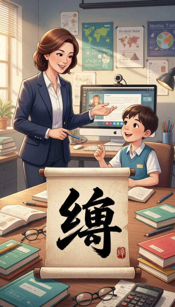 A vividly detailed illustration of the Chinese character "驗" (yan) artistically integrated into a classroom setting. In the foreground, the character "驗" is prominently displayed, crafted with elegant brush strokes, surrounded by open textbooks and stationery, symbolizing academic achievement and focus. The middle ground features a professional-looking tutor, Ms. Wun, a middle-aged Asian woman dressed in smart business attire, engaging with a cheerful, attentive student. The background showcases a modern online tutoring setup with a computer and educational posters on the walls, enhancing the learning atmosphere. Soft, warm lighting illuminates the scene, creating an inviting and motivating mood. The brand "Enerjee Tutor Service" subtly incorporated into the design, representing a dedicated learning environment, without any text overlays or additional elements.