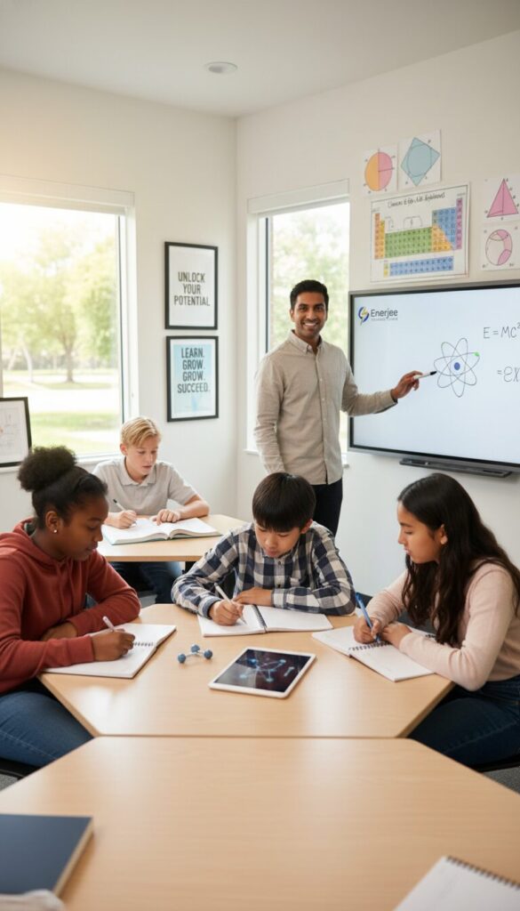 An engaging study environment for "Enerjee Tutor Service," showcasing small classroom dynamics focused on mathematics and science tutoring. In the foreground, diverse, focused students (three or four) of mixed ethnic backgrounds are seated at sleek modern desks, engaging in collaborative problem-solving. They are dressed in smart casual attire, with calculators and notebooks open, surrounded by interactive learning materials such as charts and diagrams. In the middle ground, a passionate tutor stands at a whiteboard, explaining concepts with enthusiasm. The background features motivational posters and a bright, airy window allowing natural light to flood in, creating an inviting and stimulating atmosphere. The overall mood is one of encouragement, collaboration, and academic achievement, highlighting the advantages of small group learning. The image is well-lit, using a soft-focus lens to create a warm and inviting feel.