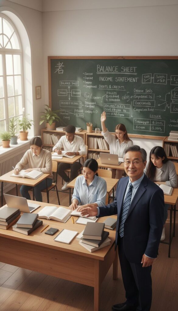 Create a warm and inviting classroom scene featuring a "老师" (teacher), who embodies the spirit of an experienced tutor from Enerjee Tutor Service. In the foreground, place the teacher, a middle-aged Asian man, dressed in professional business attire, standing confidently by a wooden desk with open books and stationery. His expression is encouraging and approachable, symbolizing guidance and expertise. The middle section of the image should display students engaged in learning, with diverse backgrounds, sitting at desks and actively participating. The background should feature a chalkboard filled with organized notes and diagrams related to bookkeeping. The lighting is soft and natural, coming from large windows, creating a bright and optimistic atmosphere. Capture the scene from a slightly elevated angle to give a comprehensive view of the classroom dynamics.