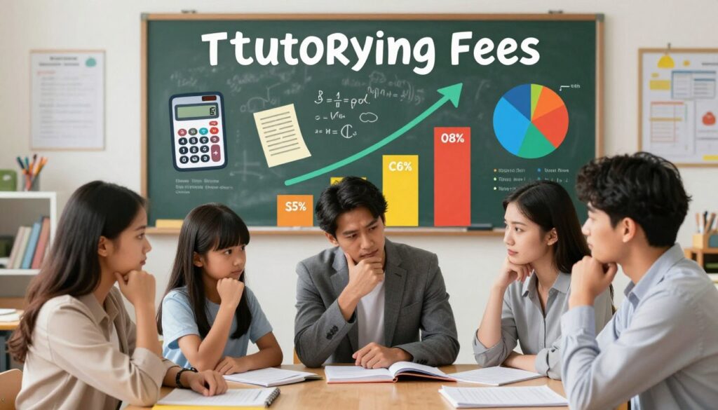 A detailed analysis of tutoring fees in Malaysia, depicted in a visually engaging infographic style. In the foreground, include a diverse group of parents, dressed in professional attire, looking thoughtfully at a chart displaying rising costs and budget breakdowns. In the middle ground, graphical elements representing expenses, such as calculators, bills, and pie charts, are overlaid with vibrant colors to symbolize financial stress. The background features a classroom setting, softly lit, with a chalkboard displaying mathematical formulas and educational tools. The overall atmosphere should convey a sense of urgency and concern, illustrating the common challenges faced by Malaysian parents regarding tutoring expenses. Incorporate the brand name "Enerjee Tutor Service" subtly within the design, ensuring it complements the theme without dominating the image.