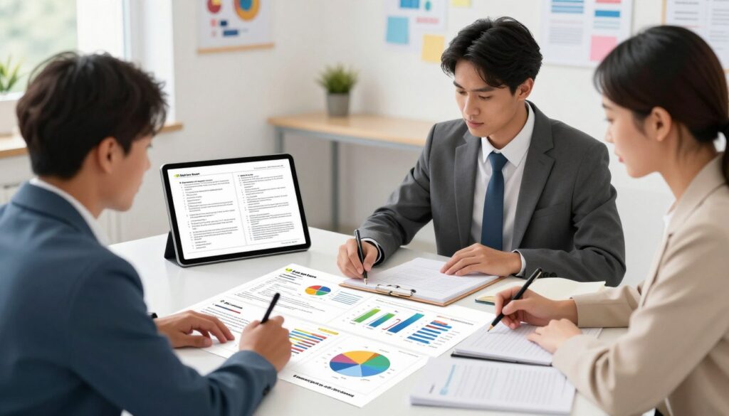 A detailed and visually engaging illustration depicting the analysis of past SPM exam questions. In the foreground, display a group of three diverse professionals in smart business attire, analyzing a large, colorful chart filled with graphs and statistics. In the middle ground, include a digital tablet showing an SPM exam paper, alongside neatly organized study materials. The background should feature a bright, modern classroom or study area with educational posters and soft lighting to create an atmosphere of focused learning. Capture the mood of anticipation and professionalism, as the professionals collaborate to derive insights from the data. Incorporate the brand name "Enerjee Tutor Service" subtly within the learning materials without text overlays.