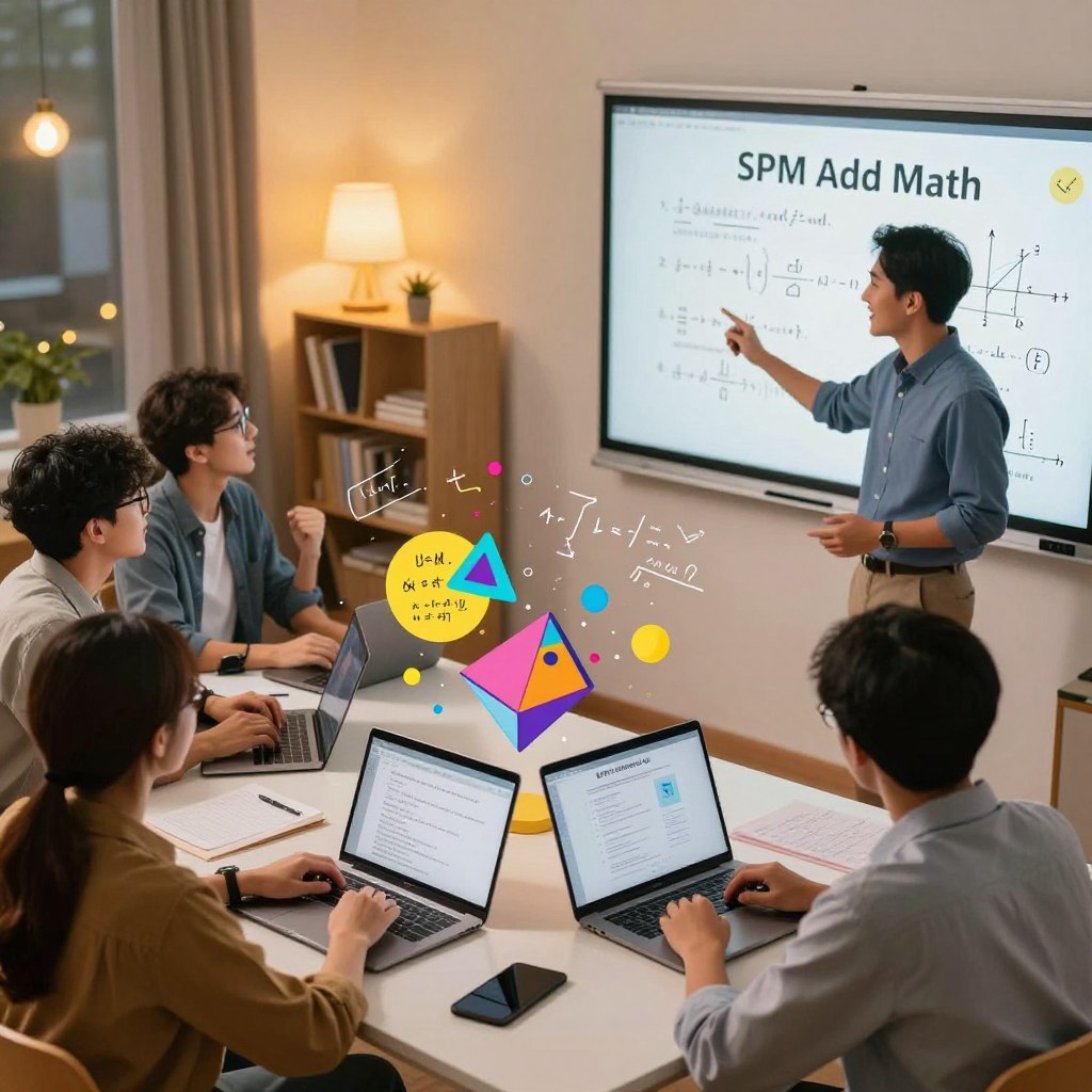 A dynamic and inspiring scene depicting a virtual tutoring session for SPM Add Math, showcasing a diverse group of students engaged and focused, surrounded by vibrant math equations and graphs. In the foreground, a friendly and knowledgeable tutor, representing Enerjee Tutor Service, gestures towards a digital whiteboard filled with Add Math concepts. The students, dressed in professional casual attire, are seated at their desks with laptops open, displaying excitement and determination. In the middle, bright, colorful visual elements like math formulas and geometric shapes float in the air, symbolizing knowledge and engagement. The background features a cozy study environment with warm, inviting lighting, soft bokeh effects creating a motivating and uplifting atmosphere. The angle is slightly angled from above, giving a sense of inclusivity and empowerment.
