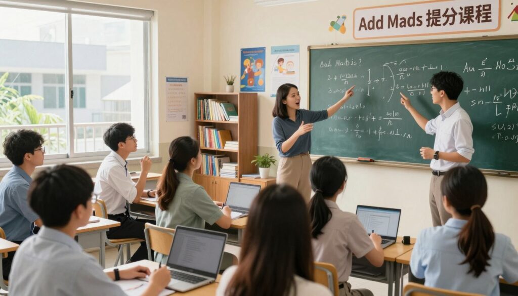 A dynamic classroom scene showcasing a renowned tutoring session for "Add Maths 提分课程" by Enerjee Tutor Service. In the foreground, two inspiring educators, Ms. Wun and Mr. Jee, engage passionately with a diverse group of attentive students, all dressed in modest casual clothing. The teachers are gesturing towards a large, colorful chalkboard filled with complex mathematical equations and concepts. In the middle, students are seated with notebooks and laptops, some with expressions of concentration and curiosity. The background shows shelves of academic books and educational posters, bathed in warm, natural light streaming through large windows. The mood is uplifting and focused, emphasizing a space where knowledge transforms challenges into achievements.
