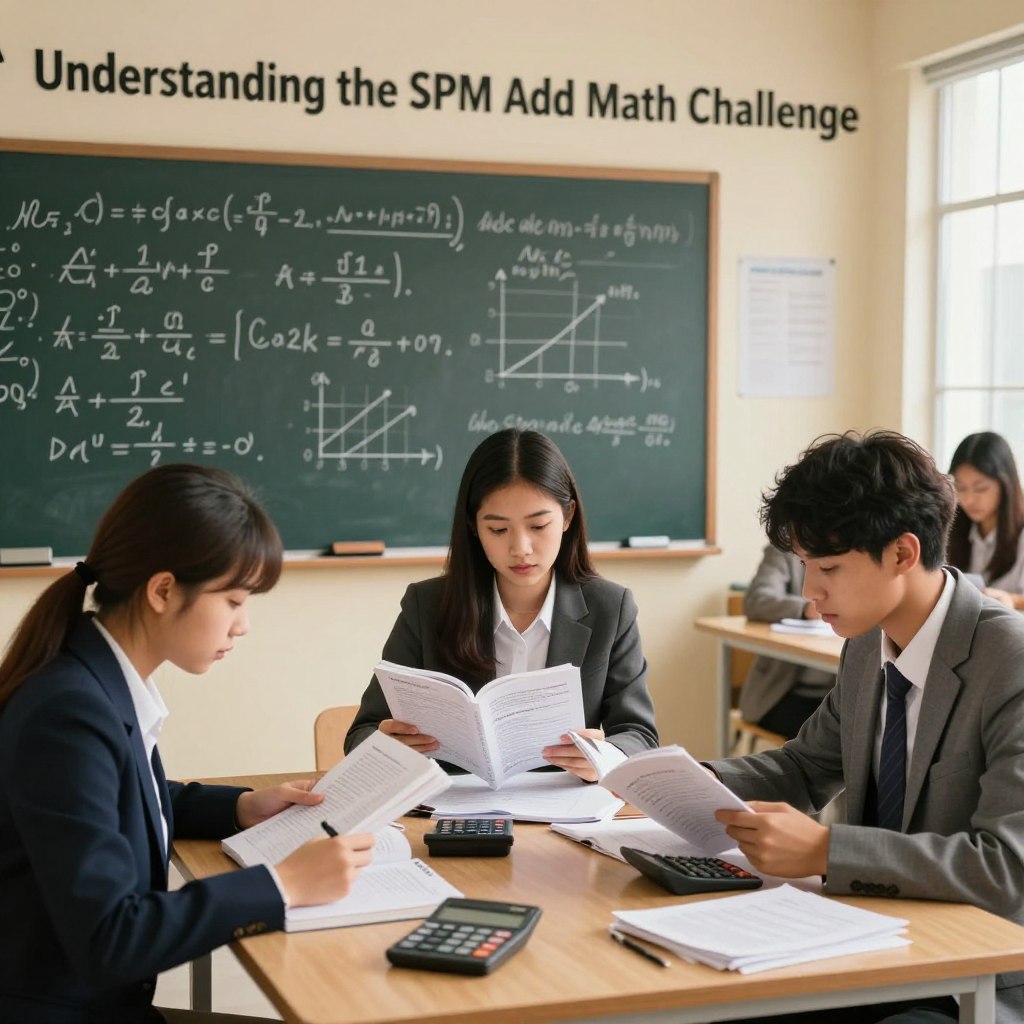 A dynamic scene illustrating "Understanding the SPM Add Math Challenge". In the foreground, a diverse group of three students, dressed in professional business attire, intensely focused on their math textbooks, surrounded by calculators and notes. In the middle, a large chalkboard filled with complex mathematical equations and diagrams, symbolizing various Add Math concepts, like calculus and statistics. In the background, a cozy study room with warm lighting, a window allowing soft natural light to filter in, casting a gentle glow on the scene. The atmosphere is encouraging and collaborative, reflecting determination and growth. The brand name "Enerjee Tutor Service" subtly incorporated into the setting, enhancing the focus on academic success and support.
