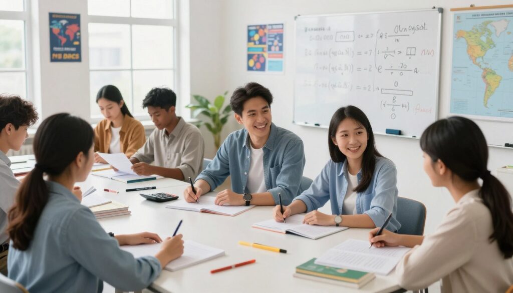 A professional tutor setting for an Add Maths supplemental class, showcasing a diverse group of students focused on learning. In the foreground, a friendly male and female tutor, Mr. Jee and Ms. Wun, are engaging with the students at a modern classroom table filled with textbooks, notebooks, and mathematics tools. The middle ground features students of various ethnicities, concentrated on problem-solving with calculator and notes in hand. The background displays a whiteboard filled with mathematical equations and concepts, illuminated by soft natural light from large windows, creating a bright, motivating atmosphere. The room is decorated with educational posters and a world map, emphasizing an academic environment. Label the tutors as part of "Enerjee Tutor Service" subtly in the classroom design. The mood is inspiring and focused, showcasing a supportive learning environment dedicated to academic improvement.