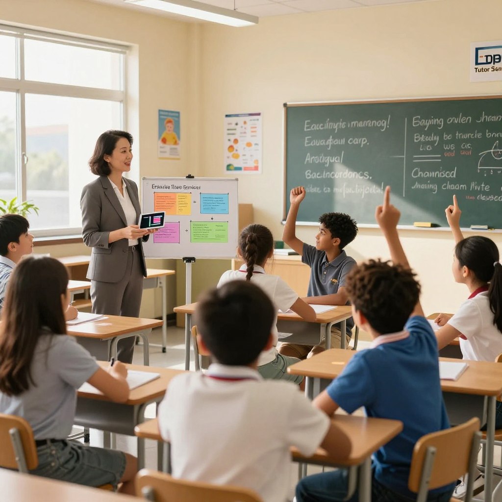 A professional tutor standing in a bright, modern classroom, engaging with a diverse group of attentive middle school students. The foreground showcases the tutor, a middle-aged Asian woman wearing professional attire, animatedly using visual aids, like colorful charts and interactive tech. In the middle, eager students are sitting at desks, diverse in ethnicity and focused, some raising hands to ask questions. The background features a chalkboard filled with motivational phrases and educational posters. The lighting is warm and inviting, with sunlight streaming through large windows, creating a positive learning atmosphere. The scene reflects the theme of effective teaching methods, emphasizing student engagement and progress. Include the brand name “Enerjee Tutor Service” subtly within the classroom decor.