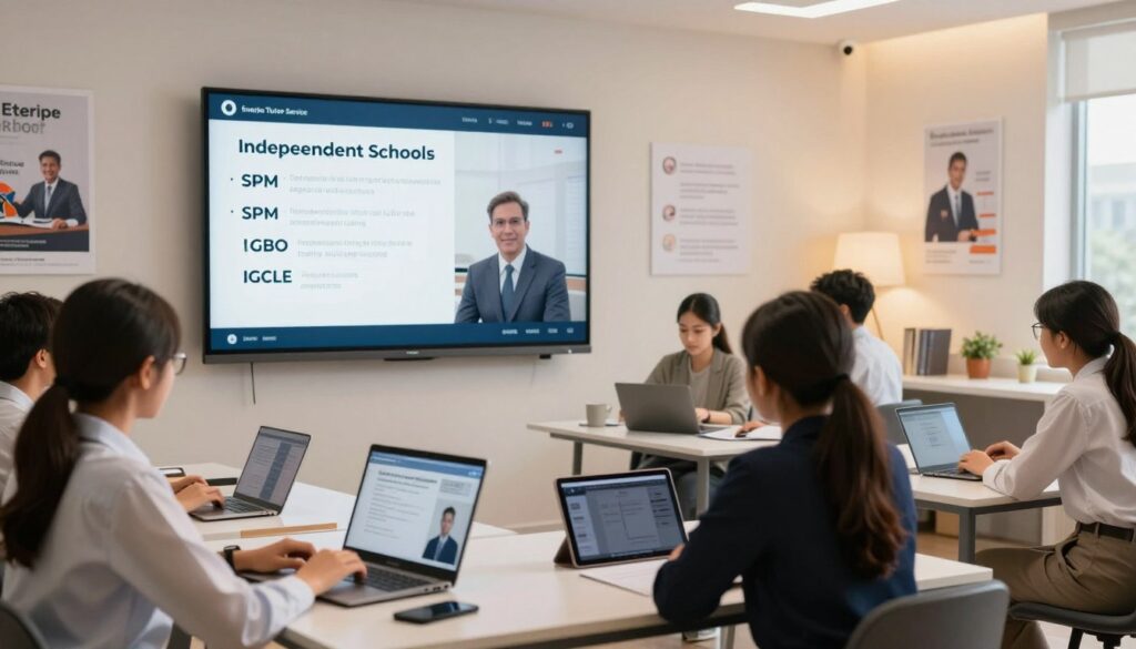 A sleek, modern digital classroom setting illustrating the concept of online tutoring in Malaysia for secondary school students in 2026. The foreground features a diverse group of students engaged in virtual learning, seated at well-organized study desks, using laptops and tablets. They are dressed in professional business attire, reflecting a focused and studious environment. The middle ground showcases a large screen displaying interactive lessons related to independent schools, SPM, and IGCSE curricula. In the background, soft, warm lighting creates an inviting atmosphere, with inspirational educational posters on the walls. The branding for "Enerjee Tutor Service" is subtly integrated into the design, enhancing the professional appeal of the image. The overall mood is one of motivation and innovation, emphasizing the advantages of online tutoring.