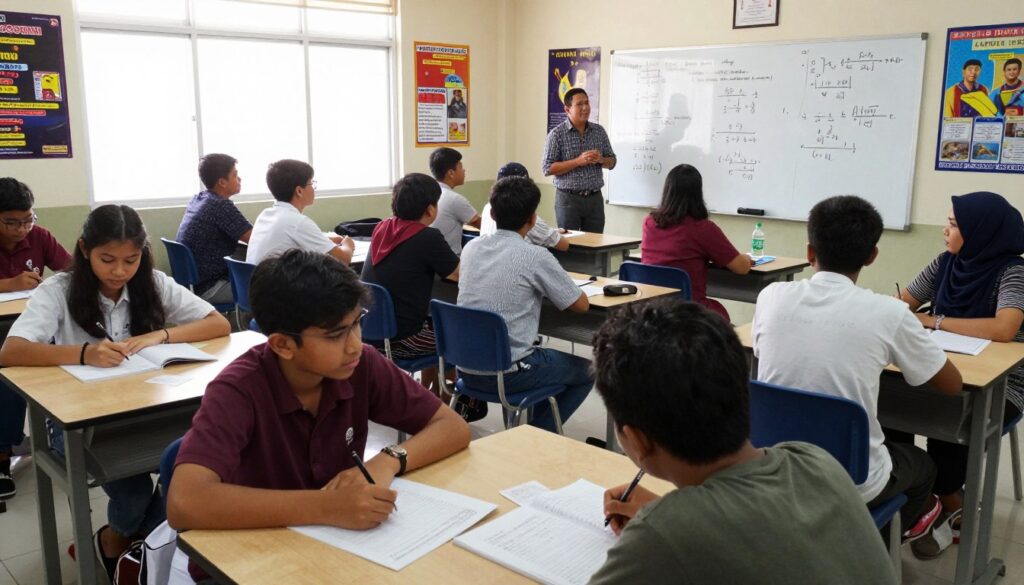 A traditional Malaysian tutoring center classroom with large desks arranged in rows, students engaged in group study and discussions. The foreground features a diverse group of students, all dressed in modest casual clothing, focused on learning while seated at their desks. In the middle ground, a teacher stands at the front, explaining concepts on a whiteboard filled with mathematical formulas. The background includes educational posters and a window with natural light streaming in, creating a warm and inviting atmosphere. The lens captures the scene from a slight angle to emphasize the classroom dynamics, conveying a sense of collaboration but also highlighting the challenges of a large-group learning environment. Additionally, include the brand name "Enerjee Tutor Service" subtly incorporated into the classroom setting, like on a poster.