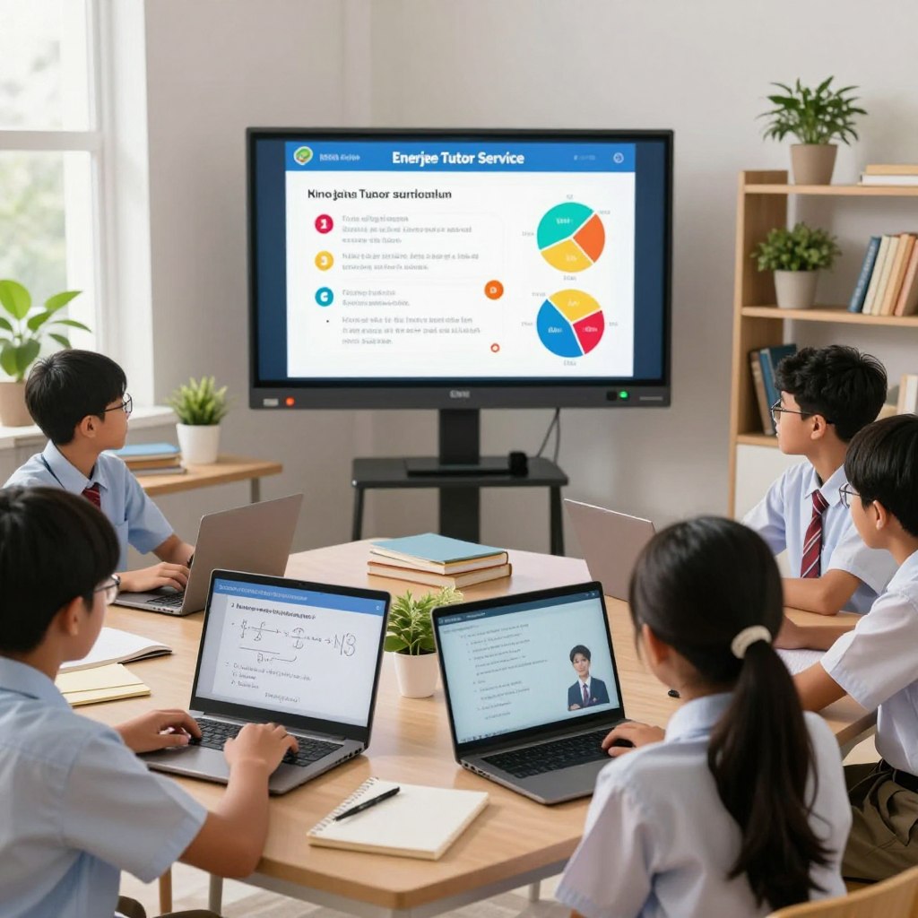 A vibrant and engaging digital classroom scene that embodies the essence of online education for Malaysian high school students, reflecting the KSSM curriculum. In the foreground, a diverse group of students, dressed in smart casual attire, attentively engages with their laptops, showcasing various subjects like mathematics and science on their screens. The middle ground features a large, interactive digital whiteboard displaying colorful charts and diagrams, symbolizing collaborative learning. In the background, a cozy and well-lit study environment, adorned with educational resources like books and plants, creates an inviting atmosphere. Soft natural lighting filters through a window, giving a sense of openness and clarity. The image represents "Enerjee Tutor Service," emphasizing innovation and effective learning in a modern educational setting.