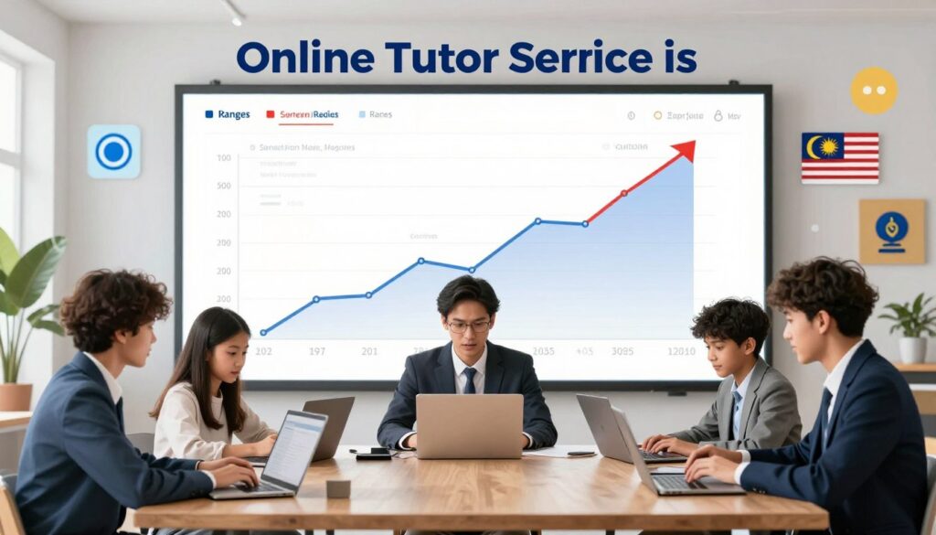 A vibrant and informative illustration showcasing online tutoring prices in Malaysia. In the foreground, a diverse group of professional tutors, dressed in smart business attire, engage with students through laptops and tablets, illustrating an interactive online learning environment. The middle layer displays multiple graphs and charts with upward trends indicating price ranges and significant outcomes, visually representing market insights. In the background, a modern virtual classroom setting with digital elements such as educational icons and Malaysian cultural motifs, conveying a sense of global connectivity. The lighting is bright and welcoming, simulating a productive atmosphere. The brand name "Enerjee Tutor Service" is subtly integrated into the design without overpowering the educational theme. The artwork should be vibrant, engaging, and educational, embodying the market overview effectively.