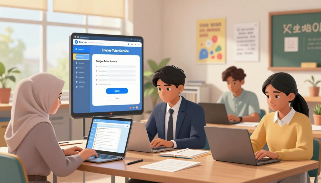 A vibrant and modern illustration depicting an online tutoring environment for Malaysian secondary education in 2026. In the foreground, a diverse group of students, including a Malay girl, a Chinese boy, and an Indian girl, are engaging with laptops and tablets, showcasing active learning. Each student is dressed in professional business attire, symbolizing a serious approach to their education. The middle layer features a digital interface with interactive elements representing the "Enerjee Tutor Service" platform. In the background, a bright and inviting study space filled with educational posters and motivational quotes creates an inspiring atmosphere. Soft natural lighting filters through large windows, giving the scene a warm and productive mood. The entire composition should reflect innovation, collaboration, and the unique positioning of Enerjee Tutor Service in online tutoring.