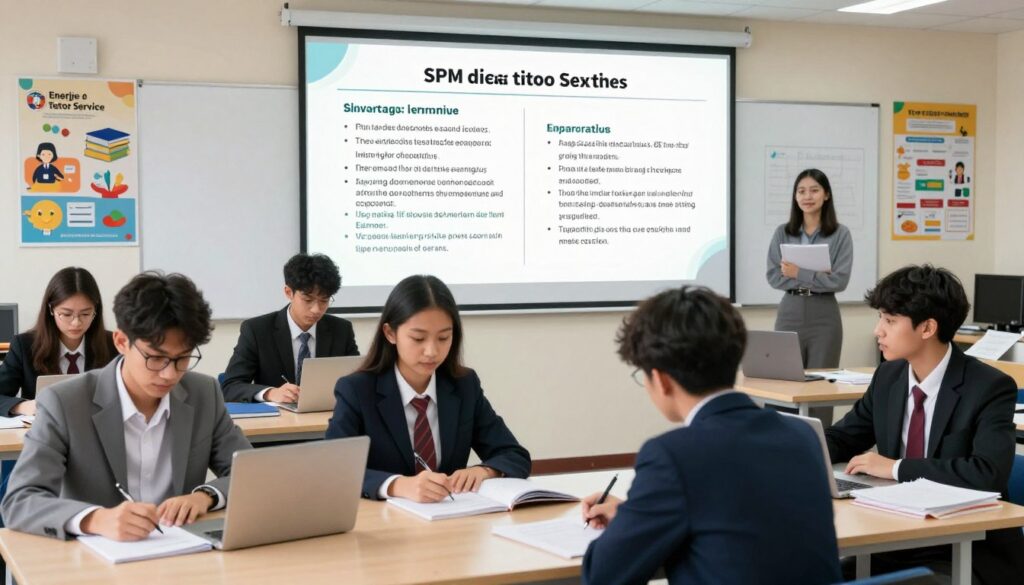 A vibrant classroom scene showcasing the advantages of mock exams and intensive training courses. In the foreground, a diverse group of students, dressed in professional business attire, are engaged in collaborative study sessions, looking focused and motivated. The middle ground features a large wall display or whiteboard highlighting key concepts of the SPM exam and strategies for success, emphasizing the structured learning environment provided by Enerjee Tutor Service. The background shows a well-organized classroom with bright lighting, inspiring educational posters, and resources that enhance the learning atmosphere. The overall mood is one of determination and readiness, symbolizing the importance of preparation for the upcoming SPM exam.