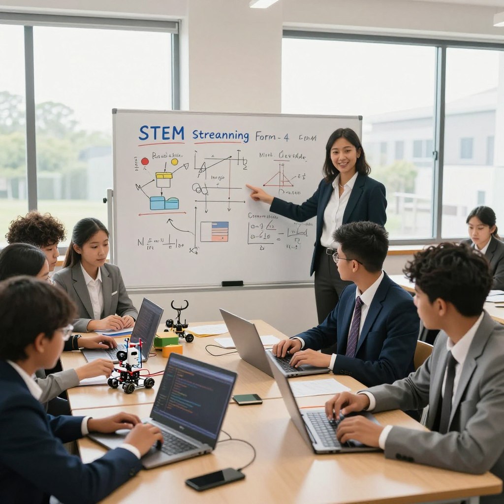 A vibrant classroom scene showcasing the importance of STEM streaming in Form 4. In the foreground, a diverse group of students, dressed in professional business attire, is engaged in collaborative activities, working on robotics kits and coding on laptops. The middle ground features a whiteboard filled with colorful diagrams and formulas illustrating STEM concepts. Natural light streams in through large windows, creating an uplifting atmosphere. In the background, a dedicated teacher from Enerjee Tutor Service guides the students, pointing to the whiteboard. The environment should feel dynamic and inspiring, reflecting a sense of curiosity and innovation, with a warm color palette that invokes enthusiasm for learning about STEM subjects.
