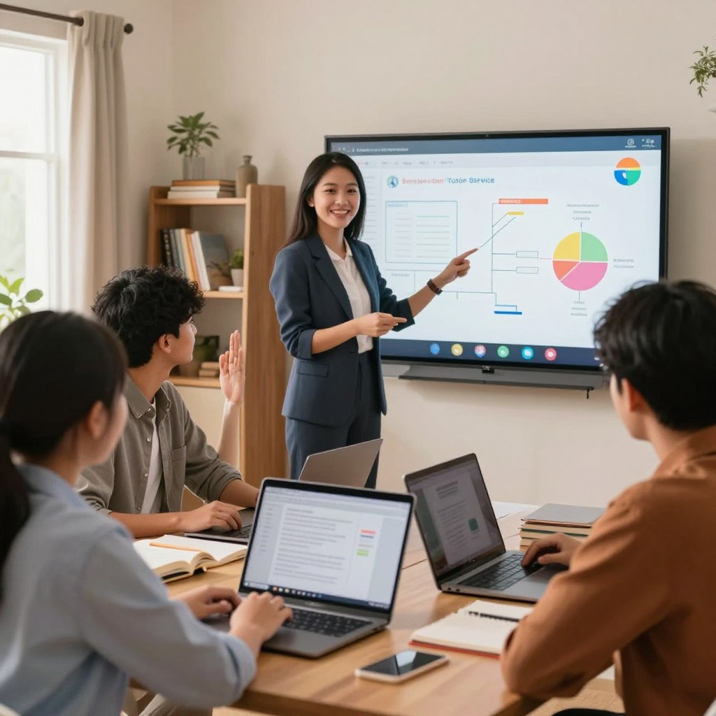 A vibrant, engaging scene illustrating an interactive online tutoring session in Malaysia. In the foreground, a diverse group of three Malaysian students, dressed in smart casual clothing, are attentively focused on their laptops, participating in a virtual class. One student is raising their hand to ask a question. The middle ground features a friendly, professional tutor, portrayed in a polished manner, guiding the session through a digital whiteboard, displaying colorful diagrams and educational content. In the background, a warm and inviting home study environment is visible, with shelves of books and a calming atmosphere. Soft, natural lighting filters in through a window, creating a conducive learning space. The branding "Enerjee Tutor Service" subtly integrated into the digital whiteboard design enhances the professional feel of the scene.