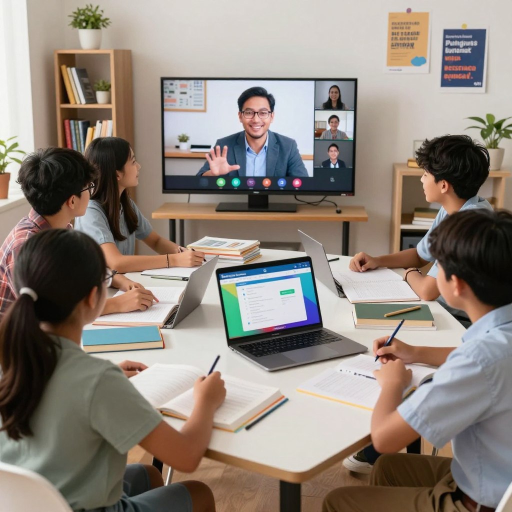 A vibrant online tutoring classroom scene featuring a small group of diverse Malaysian high school students attentively engaged in a dynamic virtual lesson. In the foreground, the students are sitting at their desks, wearing casual yet professional clothing. They are interacting with a friendly tutor displayed on a large screen, radiating warmth and enthusiasm. The middle ground showcases various educational materials like textbooks and notebooks scattered around, along with a laptop open to a colorful online learning platform branded "Enerjee Tutor Service". In the background, a cozy and well-lit study environment with bookshelves and motivational posters adds to the atmosphere. The lighting is bright and inviting, creating a sense of focus and collaboration. The mood is energetic and supportive, highlighting the benefits of a small-class online tutoring experience.
