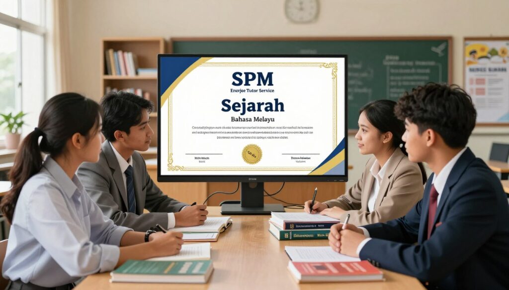 A visually engaging and informative scene depicting the importance of compulsory subjects for obtaining the SPM Sejarah certificate. In the foreground, a diverse group of students, dressed in professional business attire, are gathered around a table filled with textbooks and reference materials on Sejarah and Bahasa Melayu. The students are focused and collaborating, highlighting teamwork and dedication. In the middle ground, a large, visually appealing SPM certificate template is displayed prominently, symbolizing the achievement they are striving for. The background showcases an educational environment, such as a classroom or study area, with bookshelves and motivational posters. Soft, warm lighting filters through the windows, creating an inspiring and studious atmosphere. The logo of Enerjee Tutor Service is subtly included in the environment, enhancing the educational theme without dominating the image.