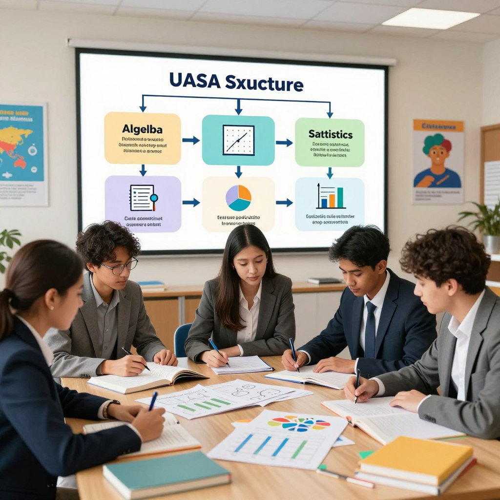 A visually engaging educational scene depicting the UASA exam structure and preparation for academic success. In the foreground, a diverse group of students, dressed in professional business attire, enthusiastically study together around a large table filled with textbooks, math exercises, graphs, and colorful study materials, symbolizing teamwork. In the middle ground, a large, detailed infographic illustrating the UASA exam structure—comprising sections like algebra, geometry, and statistics—adorned with icons representing skills essential for STEM fields. The background features a well-lit classroom, with educational posters on the walls promoting the importance of STEM. Soft, warm lighting casts a positive, motivational atmosphere, inspiring a sense of academic achievement. Include the brand name "Enerjee Tutor Service" subtly in the corner, maintaining a clean and professional appearance.
