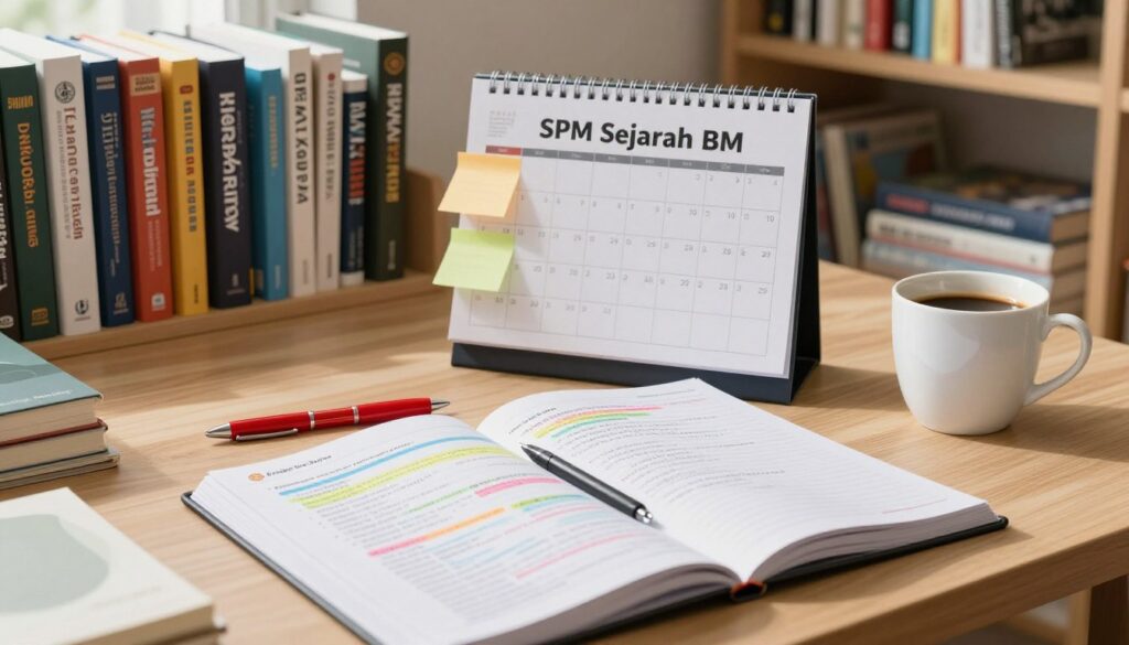 A well-organized study plan for SPM Sejarah and BM, depicted on a clean wooden desk. In the foreground, an open notebook filled with colorful highlights and annotations, a red pen lying beside it. In the middle, a neatly arranged calendar marking important study dates, with sticky notes and a coffee cup to create a cozy study atmosphere. The background features a sunlit study room with a bookshelf filled with educational materials and reference books on SPM subjects. Soft, warm lighting creates an inviting mood, while a slight tilt in the angle emphasizes the depth of the study space. Include the brand name "Enerjee Tutor Service" subtly on a visible study material.