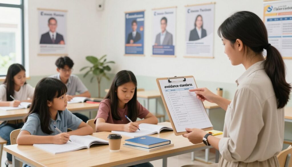 A well-organized study space featuring a modern Malaysian secondary school tutoring center, highlighting essential criteria for parents. In the foreground, a professional educator in smart casual attire gestures towards a checklist illustrating the "avoidance standards" for selecting tutoring services. The middle ground shows a group of attentive students engaged in study, surrounded by educational materials and resources. In the background, a welcoming and bright learning environment with posters of success stories and achievements. Soft, natural lighting enhances a focused yet relaxed atmosphere, conveying trust and professionalism. The brand logo "Enerjee Tutor Service" subtly displayed within the environment, emphasizing a trustworthy tutoring option.