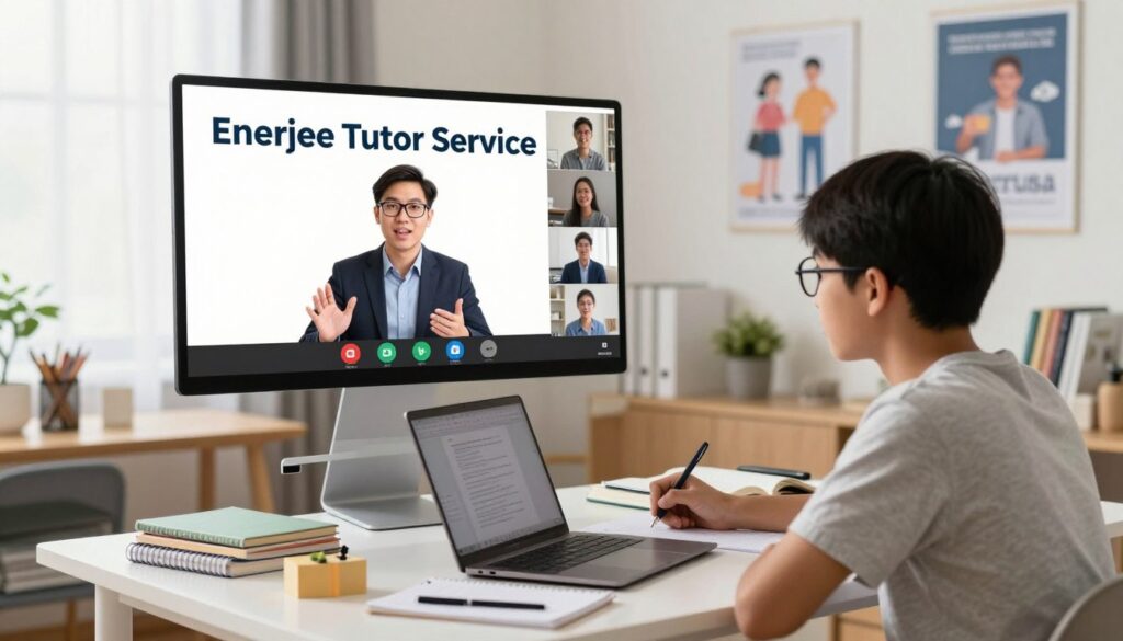 A bright and engaging online learning atmosphere, showcasing the advantages of "Enerjee Tutor Service" for SPM exam preparation. In the foreground, a focused student with glasses sits at a neat desk, studying with a laptop open, surrounded by notebooks and stationery. The middle layer features a virtual classroom with a visible screen displaying a knowledgeable tutor in professional attire, engaging with students through a live video session. The background depicts a cozy, well-lit study space with motivational posters related to learning and success. Soft, natural lighting enhances the scene, creating an inspiring and productive mood. The overall atmosphere is one of determination and focus, reflecting the intensity of the final review phase before the SPM exam.