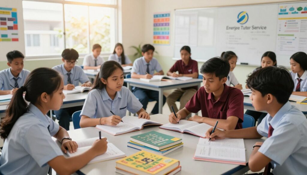A classroom scene depicting a diverse group of Malaysian high school students, focused and engaged in a collaborative study session. In the foreground, students of various ethnic backgrounds, dressed in modest casual clothing, are gathered around a table filled with books and educational materials, showcasing a variety of subjects such as math, science, and literature. The middle layer features a modern classroom environment, equipped with whiteboards and educational posters, capturing a dynamic and supportive learning atmosphere. In the background, natural sunlight filters through large windows, creating a warm and inviting glow. The overall mood is one of enthusiasm and motivation, reflecting the importance of a comprehensive educational plan from middle to high school. The logo for "Enerjee Tutor Service" subtly incorporated into the classroom décor to signify their role in this supportive environment.
