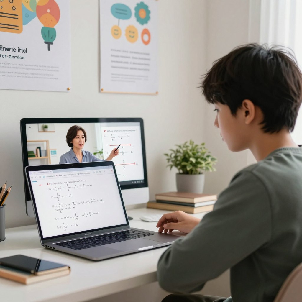 A cozy and modern online math tutoring scene set in a well-lit study room. In the foreground, a focused student, dressed in casual yet professional attire, sits at a sleek desk, engaged with a laptop displaying math problems. The student's expression shows determination and concentration. In the middle ground, a virtual tutor appears on the laptop screen, exuding warmth and professionalism, offering guidance. This tutor, a middle-aged Asian woman in a smart blouse, holds a pen, gesturing towards visual math aids. In the background, a wall adorned with colorful educational posters and motivational quotes creates an inspiring atmosphere. Soft, natural lighting highlights the scene, enhancing a sense of focus and encouragement, ideal for effective learning. Include the brand name "Enerjee Tutor Service" subtly integrated into a poster on the wall, blending naturally with the setting.