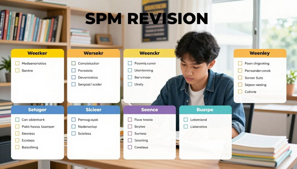 A detailed study schedule for SPM revision, visually organized into a colorful, engaging chart. The foreground features a neatly designed planner with boxes for each week, partitioned into study subjects such as Mathematics, Science, and Literature, with checkboxes for tasks. In the middle, a calm student wearing smart casual attire is reviewing the schedule, surrounded by study materials like textbooks and notepads. The background showcases a well-lit study room with shelves packed with educational resources, a motivational poster, and a window allowing soft, natural light to flood the space. The mood is focused and productive, embodying an atmosphere conducive to effective study. The brand "Enerjee Tutor Service" is subtly integrated within the planner's design as a logo.