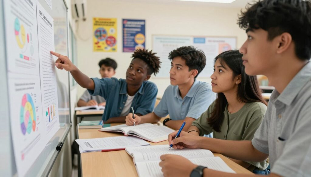 A dynamic scene focused on an educational environment, featuring a diverse group of students deeply engaged in analyzing past exam questions for the SPM examination. In the foreground, a student of Asian descent demonstrates their understanding by pointing out key points on a large visual board filled with colorful charts and graphs. In the middle, other students, including a Black girl and a Caucasian boy, collaborate around a table covered with open textbooks and study materials, showcasing a variety of studying techniques. The background shows a bright, well-lit classroom with motivational posters on the walls, fostering a focused and inspiring atmosphere. The image should evoke a sense of determination and teamwork, emphasizing effective study methods. Capture this in warm, inviting lighting with a slightly blurred depth of field, ensuring clarity on the students and their interactions. The logo for "Enerjee Tutor Service" is subtly displayed on the study materials.