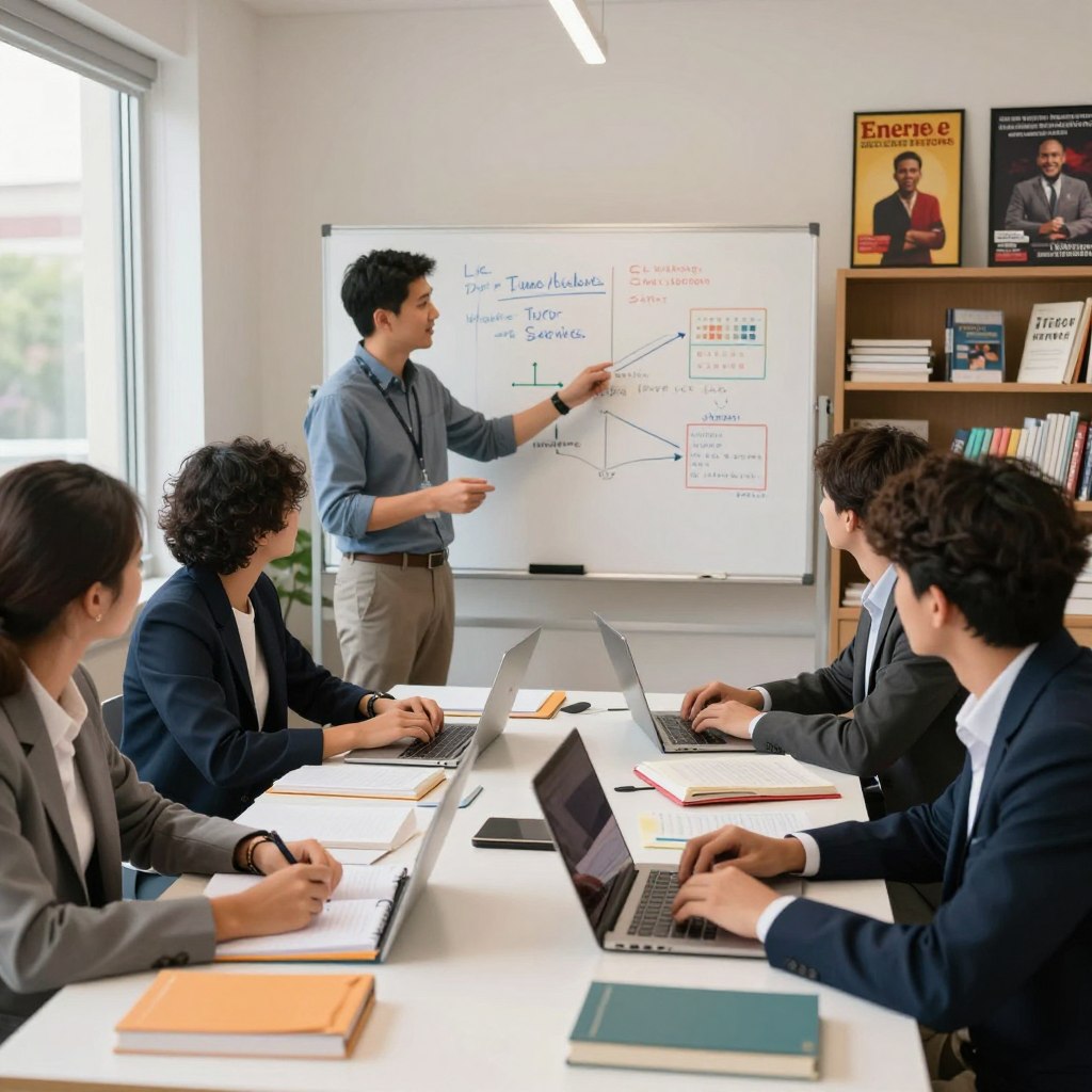 A focused and inviting study environment showcasing "Enerjee Tutor Service" methods for UEC preparation. In the foreground, a diverse group of students, dressed in professional business attire, engaged in a collaborative study session at a modern desk littered with textbooks, notebooks, and digital devices. In the middle ground, a passionate tutor gestures to a whiteboard filled with colorful diagrams and strategies, illuminating the room with a warm light. The background shows shelves holding educational materials and motivational posters. The atmosphere is vibrant and encouraging, capturing the essence of effective learning and teamwork. Use soft, natural lighting from a nearby window, with a slight depth of field to emphasize the students and tutor while keeping the setting in focus.