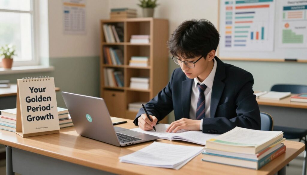 A focused high school student studying at a desk, surrounded by an organized array of textbooks, notes, and a laptop with educational apps open. The foreground features a motivational poster reading "Your Golden Period of Growth," while the middle showcases the student intensely concentrating on their work, dressed in professional casual attire. In the background, a well-lit classroom environment with shelves filled with educational materials and charts depicting academic progress creates an inspiring atmosphere. Soft, natural light filters through a window, casting gentle shadows and enhancing the ambiance of dedication and aspiration. The scene emphasizes the planning and breakthrough aspect of academic success, embodying the essence of "Enerjee Tutor Service."
