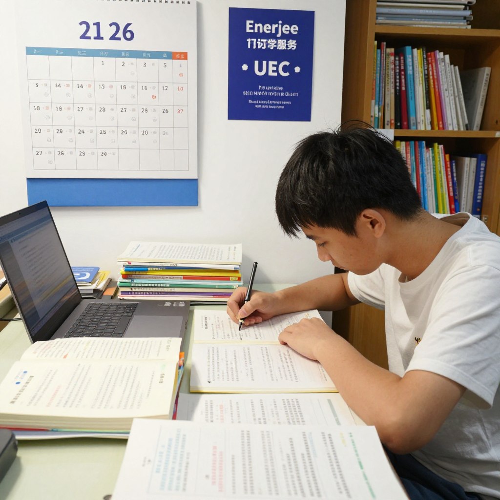 A focused study environment showcasing a student from a Chinese independent high school, diligently managing their UEC exam preparation. In the foreground, a well-organized study desk cluttered with textbooks, notes, and a laptop, highlighting subjects like Mathematics, Science, and languages. The middle ground features a calendar on the wall, marking important exam dates and study milestones, alongside a motivational poster for Enerjee Tutor Service, positioned to inspire focus and determination. The background reveals a cozy, well-lit room with shelves filled with academic resources and soft, natural lighting enhancing a studious atmosphere. The image radiates a sense of dedication and urgency, capturing the pressure of balancing coursework and preparing for exams, perfect for illustrating the section on managing academic burdens.