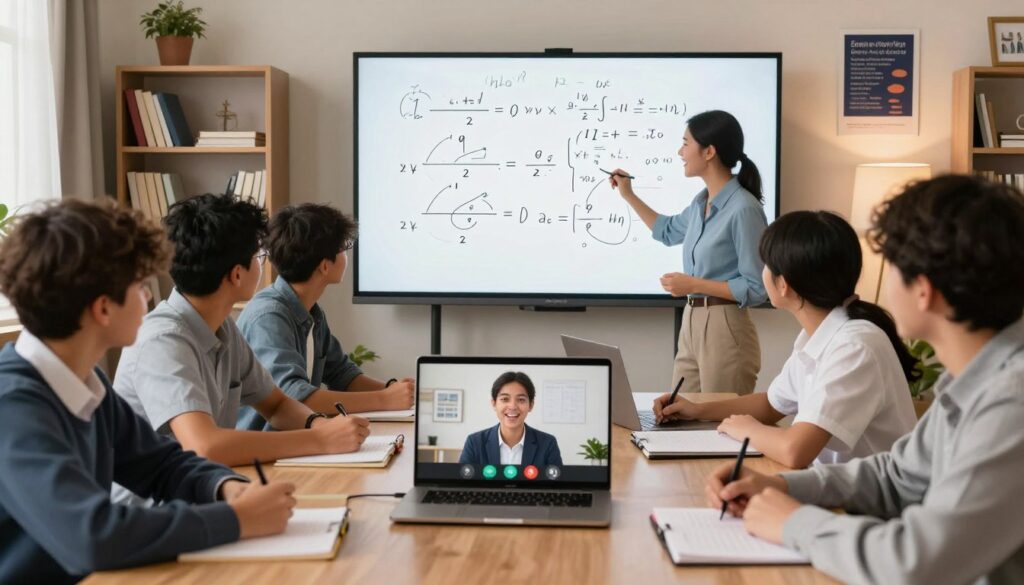 A focused study scene depicting a vibrant online math and science tutoring session for students preparing for the UEC examinations. In the foreground, a group of diverse high school students, dressed in professional casual attire, are engaged in a video call with an enthusiastic tutor. The students display an array of expressions, ranging from deep concentration to moments of realization. In the middle ground, a digital whiteboard shows complex mathematical equations and diagrams being annotated. The background features a cozy, well-lit study room with bookshelves and motivational posters related to science and math. The lighting is warm and inviting, creating an atmosphere of collaboration and determination. The branding "Enerjee Tutor Service" is subtly integrated into the design of the digital whiteboard.