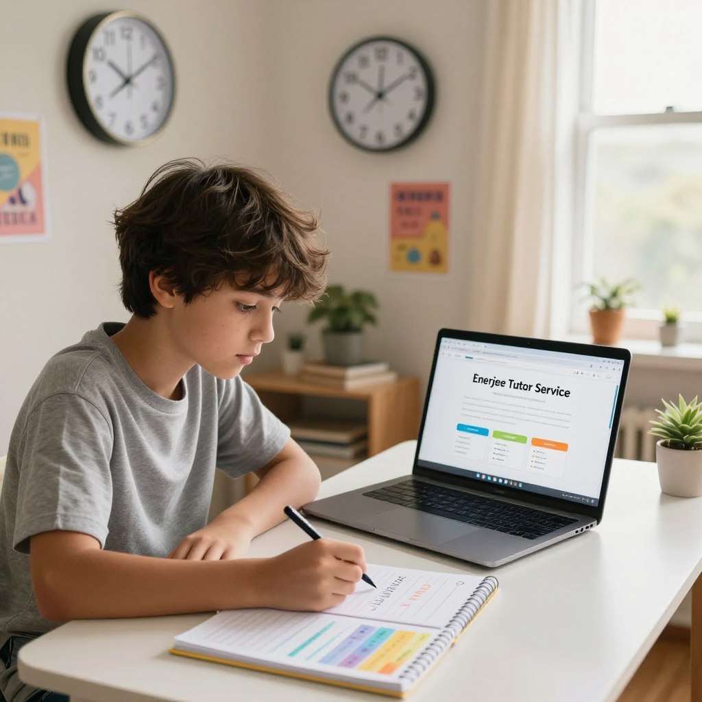 A focused young student in a stylish, modest casual outfit, sitting at a well-organized study desk with a laptop open to an online learning platform labeled "Enerjee Tutor Service." The foreground features the student jotting down notes and a colorful planner beside them, highlighting effective time management techniques. In the middle ground, a wall clock shows a balanced schedule, symbolizing time management, along with motivational study posters. The background displays a cozy, well-lit room with warm natural light filtering in through a window, creating a calm and inviting atmosphere. Capture a sense of determination and efficiency, emphasizing the importance of time management in online learning.