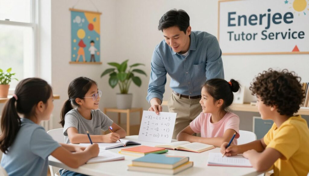 A modern and inviting tutoring environment showcasing "Enerjee Tutor Service". In the foreground, a diverse group of children engaged in collaborative learning at a bright, well-organized desk filled with books and educational materials. One child, a young girl with glasses, is explaining a math concept to a classmate, both smiling with enthusiasm. In the middle background, a professional tutor, a man in smart casual attire, guides another student, demonstrating personalized attention. The room is decorated with cheerful educational posters and plants, creating a warm and inspiring atmosphere. Soft, natural lighting filters through a window, casting a welcoming glow. The overall mood is one of motivation, engagement, and support, illustrating the strengths of Enerjee Tutor Service as the ideal choice for igniting children's learning motivation.