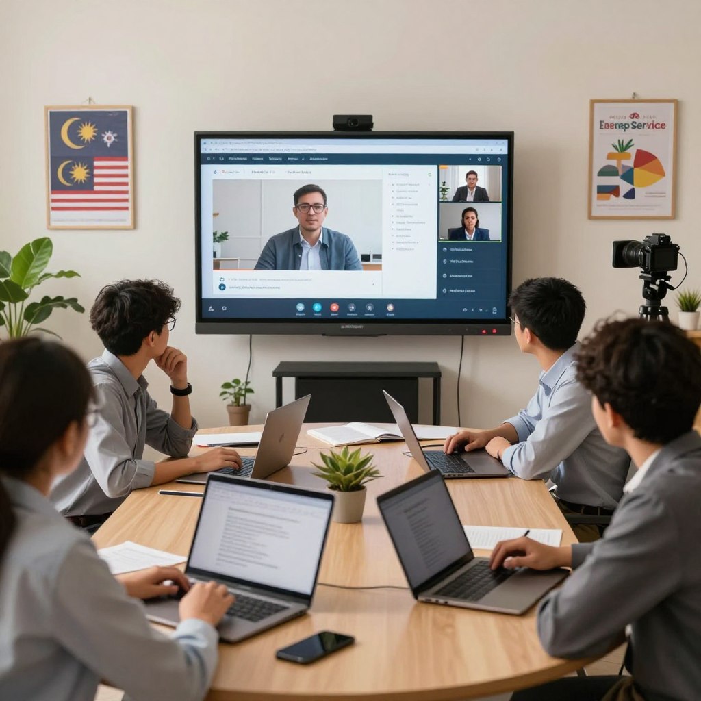 A modern digital classroom scene illustrating the efficiency of online tutoring in Malaysia. In the foreground, a diverse group of students, dressed in professional attire, are engaged with their laptops, attentively participating in an online class. The middle ground features a large screen displaying interactive educational content, while a virtual teacher, in business casual clothing, presents engaging lessons. The background shows a bright and inviting study environment, with motivational posters and plants. Soft, warm lighting creates a comfortable and focused atmosphere, while a camera angle captures the students' expressions of concentration and engagement. Include the brand name "Enerjee Tutor Service" subtly integrated into the scene.