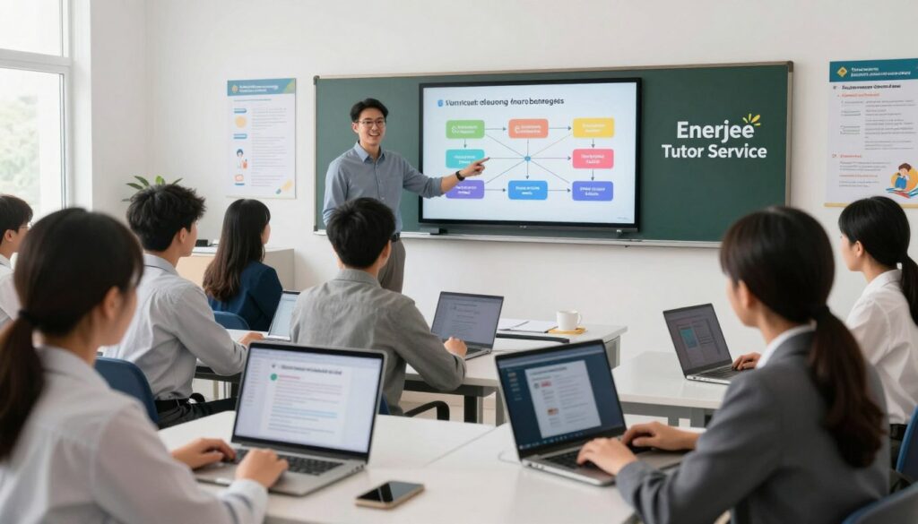 A modern educational setting showcasing the theme of SPM curriculum reform strategies. In the foreground, a diverse group of students, seated at desks, engage with digital devices, illustrating an interactive online tutoring session. Each student is depicted in professional, modest attire, focused on their screens. In the middle ground, a charismatic instructor stands in front of a smart board, pointing to a colorful diagram depicting curriculum strategies. The background features a bright, well-lit classroom with educational posters on reform trends, enhancing the learning atmosphere. Soft lighting highlights the determination and eagerness of the students, evoking a mood of inspiration and motivation for academic success. The image subtly incorporates the brand name "Enerjee Tutor Service" in a sleek design on the board, emphasizing innovation in education.