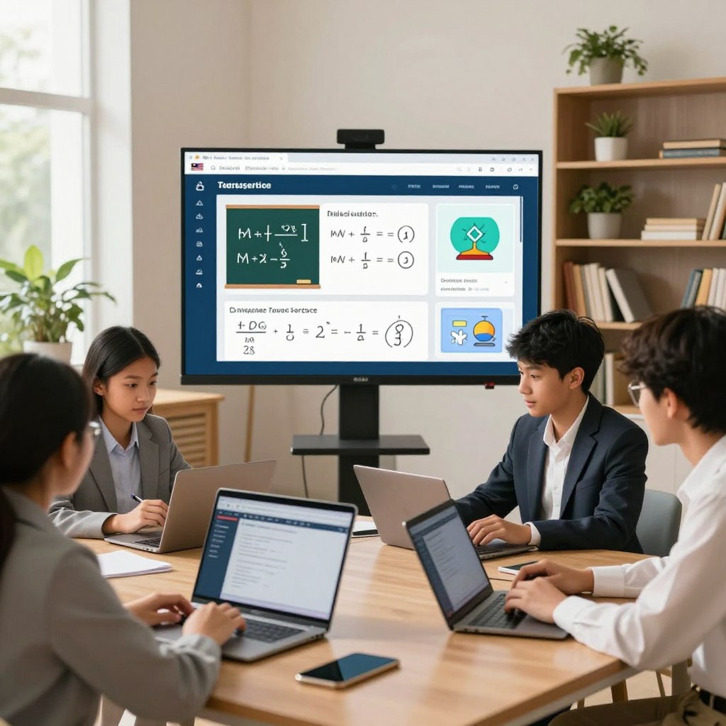 A modern, engaging digital classroom scene for "Enerjee Tutor Service" showcasing an online course system. In the foreground, a diverse group of students, including a Malaysian boy and girl in professional business attire, attentively engaging with laptops and digital tablets. The middle layer features a large virtual screen displaying interactive course content and educational graphics, illustrating subjects like mathematics and science. The background includes a well-organized, stylish study environment with bookshelves and green plants, creating a vibrant, welcoming atmosphere. Soft, natural lighting streams in from a window, creating a warm and inviting mood. The overall scene reflects a focus on online learning, modern technology, and an inclusive educational experience, highlighting the importance of online tutoring in Malaysia.